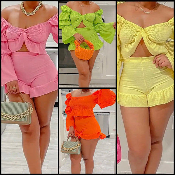 Women Ruffled Off The Shoulder Full Sleeve Two Piece Short Set