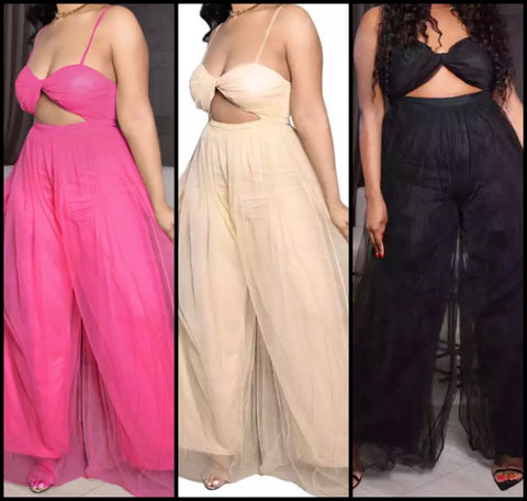 Women Sexy Spaghetti Strap Cut Out Mesh Patchwork Jumpsuit