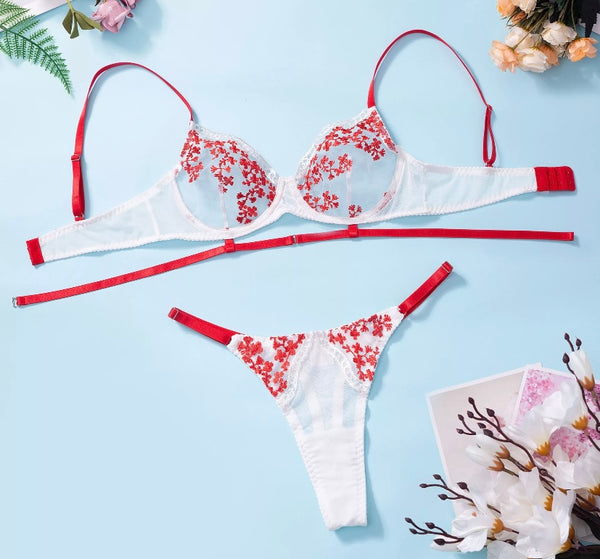Women Sexy Red/White Floral Mesh Lingerie Set