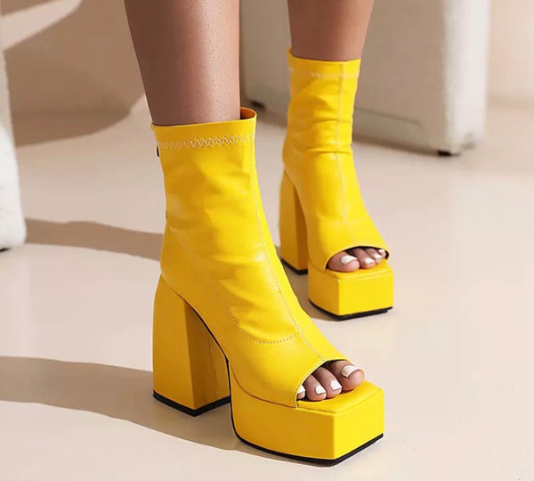 Women Fashion PU Open Toe Platform Ankle Boots