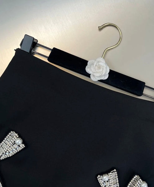Women Rhinestone Bow Black Sexy Skirt