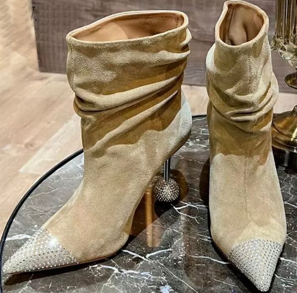 Women Fashion Suede Bling Ruched Ankle Boots