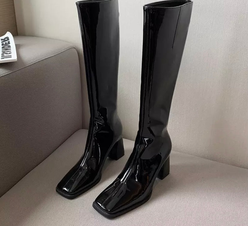 Women Patent Leather Knee-High Square Heel Boots