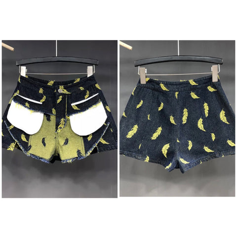 Women Fashion Printed Pocket Denim Shorts