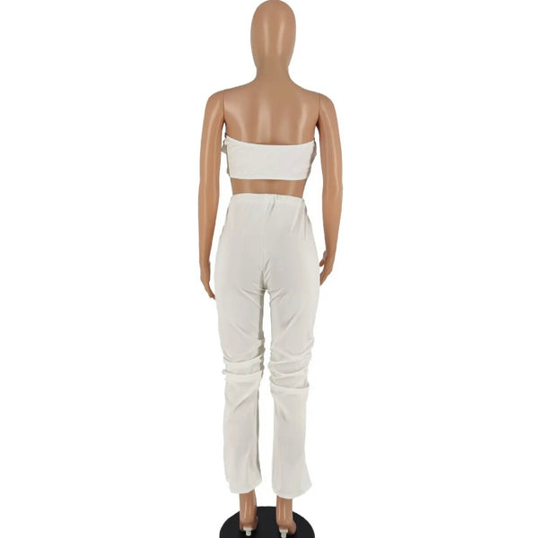 Women Sexy Strapless Crop Two Piece Pocket Pant Set