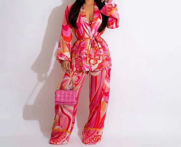 Women Printed Sexy Three Piece Wide Leg Pant Set