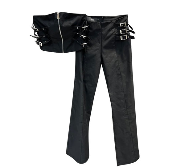 Women Sexy Buckled Strapless Crop Two Piece Pant Set