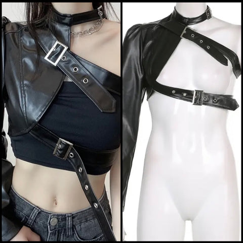 Women Fashion Black PU Buckled One Shoulder Crop Jacket