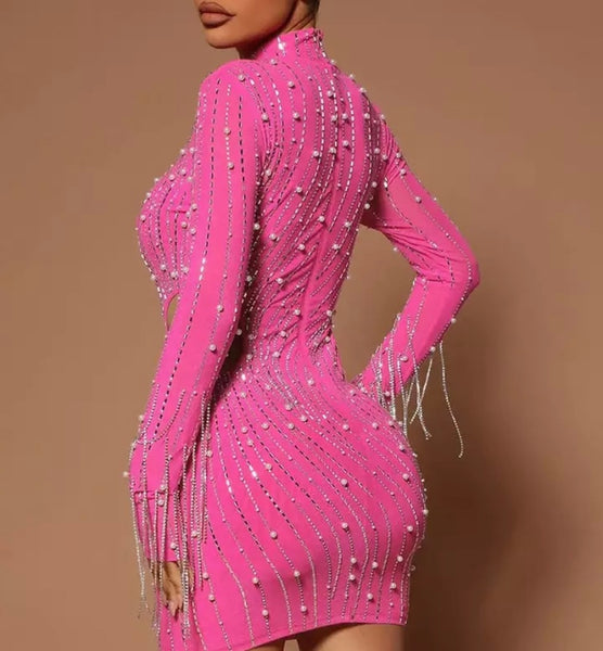 Women Sexy Cut Out Bling Pearl Tassel Full Sleeve Dress