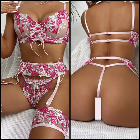 Women Sexy Floral Lace Tie Up Lingerie Set