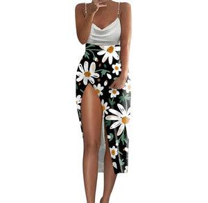Women Sexy Sleeveless Printed High Side Slit Dress