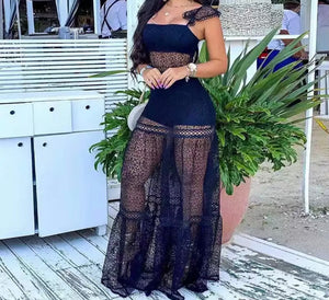 Women Sexy Black Lace Patchwork Maxi Dress
