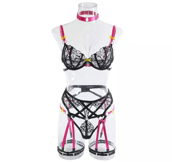 Women Sexy Color Patchwork Choker Lace Lingerie Set