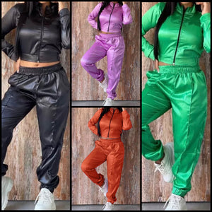 Women Fashion Zip Up Crop Solid Color Two Piece Pant Set