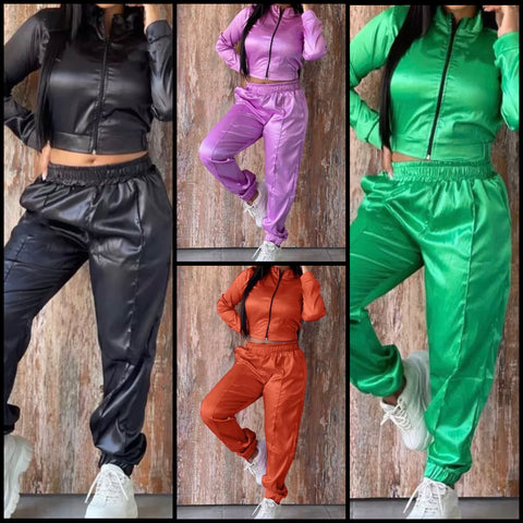 Women Fashion Zip Up Crop Solid Color Two Piece Pant Set