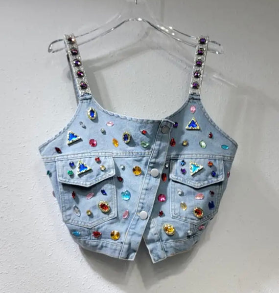 Women Fashion Sleeveless Crystal Button Up Denim Crop Top