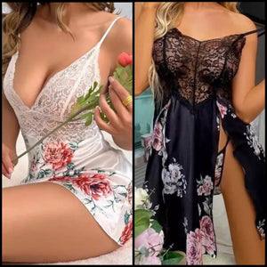 Women Sexy Lace Floral Satin Nightgown