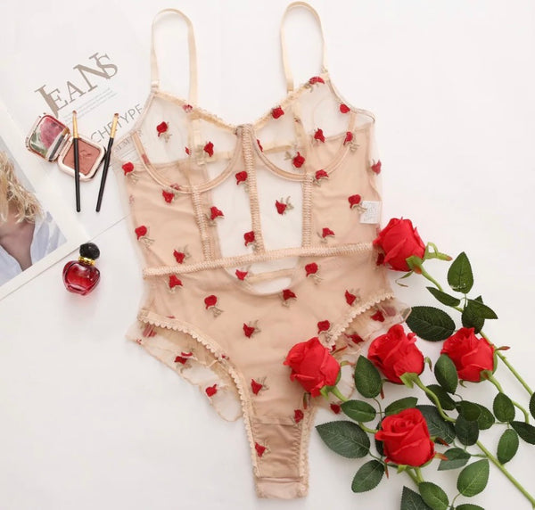 Women Sexy Nude Floral Mesh Bodysuit Lingerie