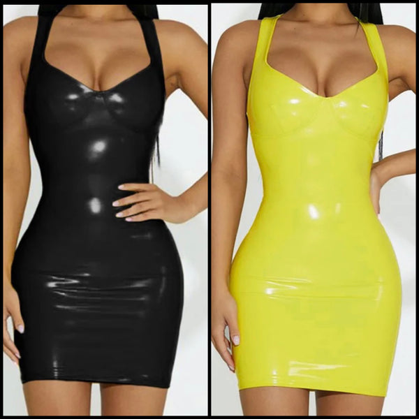 Women Solid Color Sexy Sleeveless PU Dress