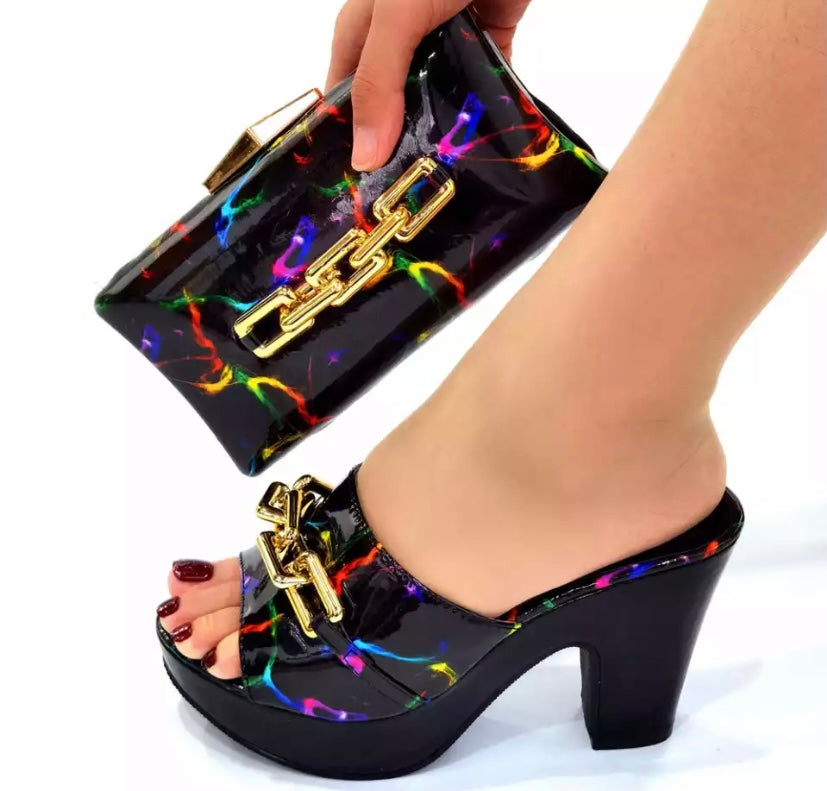 Women Printed Chain Fashion Slide On Sandals Handbag Set