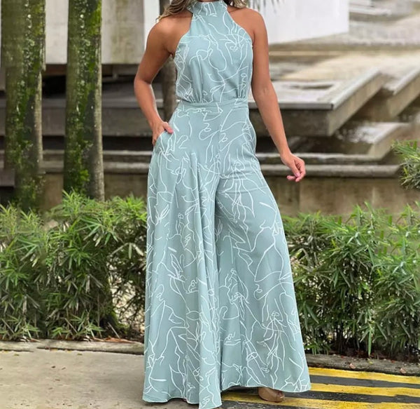 Women Printed Halter Wide Leg Jumpsuit