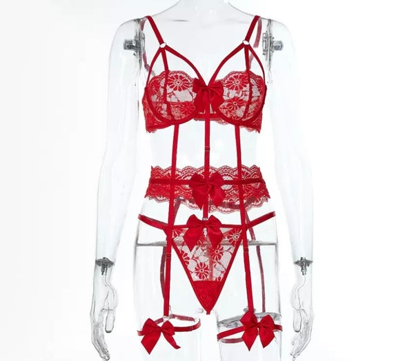 Women Sexy Red Bow Cut Out Bodysuit Lingerie Set