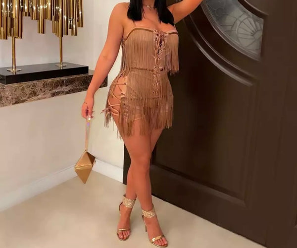 Women Sleeveless Tassel Sexy Two Piece Short Set