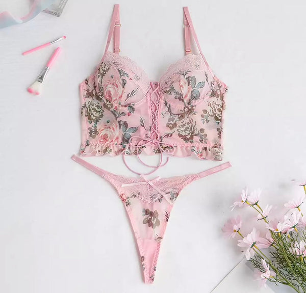 Women Sexy Pink Floral Lace Up Lingerie Set