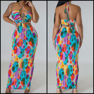 Women Halter Multicolored Print Cut Out Maxi Dress