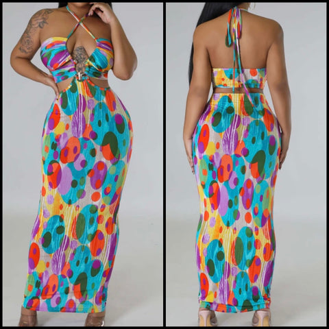 Women Halter Multicolored Print Cut Out Maxi Dress
