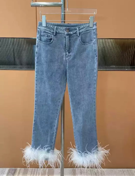 Women Fashion Feather Denim Pants