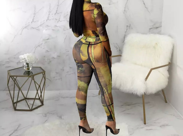 Women Sexy Mesh Printed Two Piece Pant Set