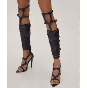 Women Pointed Toe Leather Buckled Gladiator Sandals