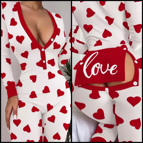 Women Sexy Heart Print Open Back Onesie Lingerie