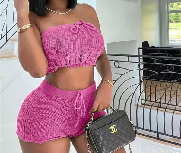 Women Sexy Strapless Drawstring Crop Two Piece Short Set