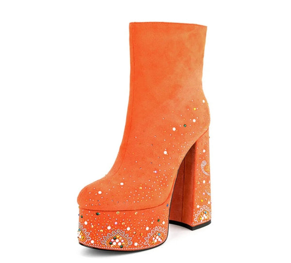 Women Fashion Suede Beaded Platform Ankle Boots
