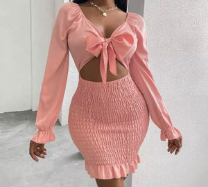 Women Sexy Bow Cut Out Full Sleeve Dress