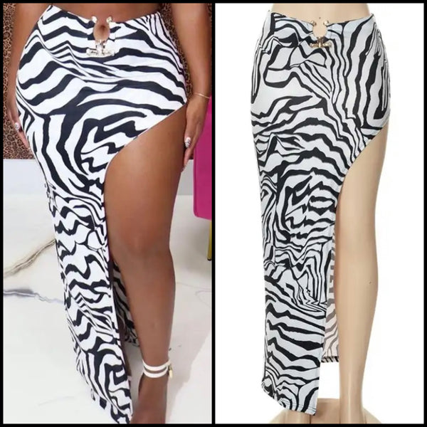 Women Sexy Zebra Print Side Split Maxi Skirt