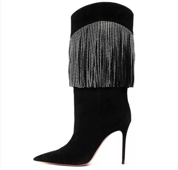 Women Pointed Toe Bling Tassel High Heel Boots