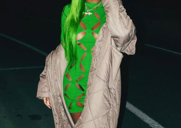 Women Sexy Green Hollow Out Long Sleeve Dress