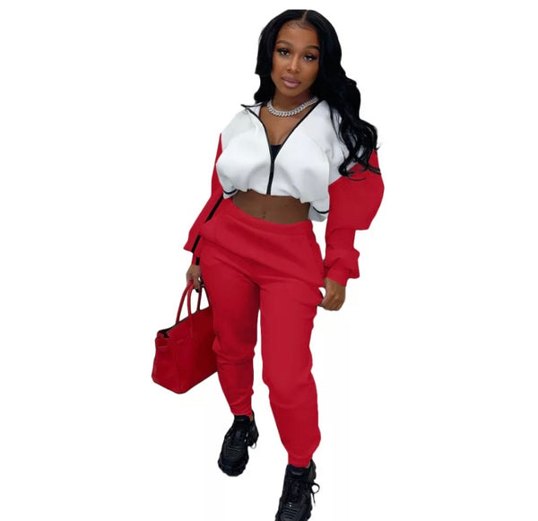 Women Color Patchwork Fashion Tracksuit Two Piece Pant Set