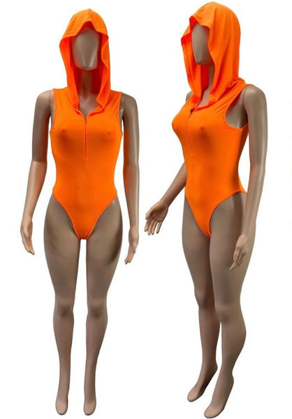 Women Orange Hooded Sexy Sleeveless Bodysuit Top