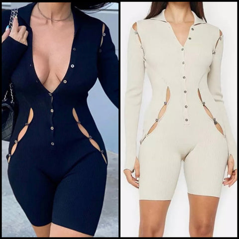 Women Button Up Hollow Out Ribbed Romper