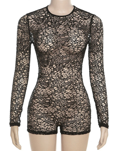 Women Sexy Black See Through Full Sleeve Romper