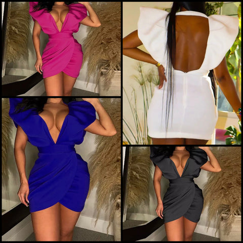 Women Sexy Solid Color Ruffled Short Sleeve Ruched Dress