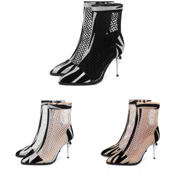 Women Printed Mesh Fashion High Heel Ankle Boots