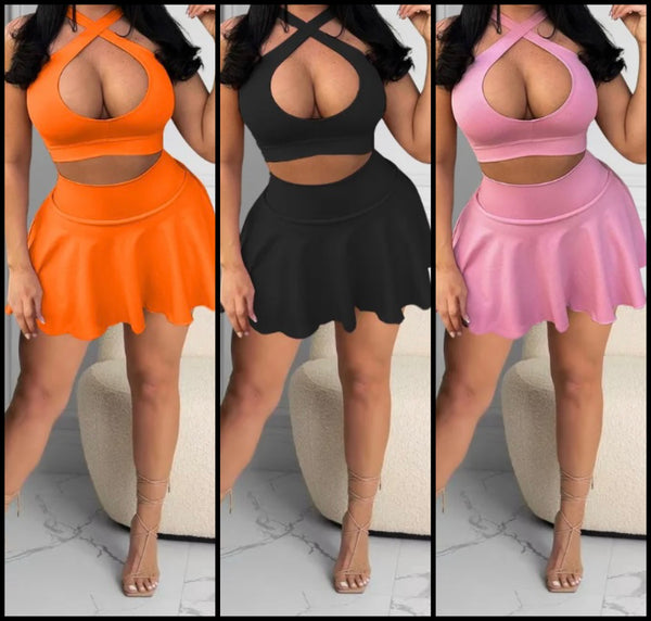 Women Sexy Sleeveless Halter Crop Two Piece Pleated Skirt Set