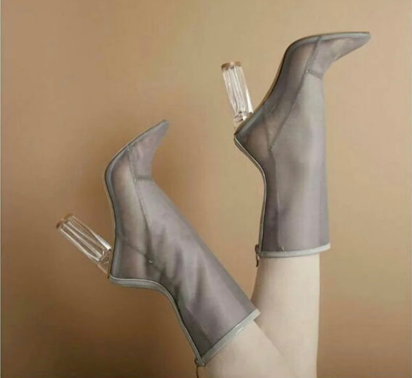 Women Fashion Mesh Transparent Heel Ankle Boots