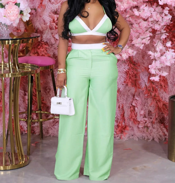 Women Sexy Sleeveless Color Patchwork Two Piece Pant Set