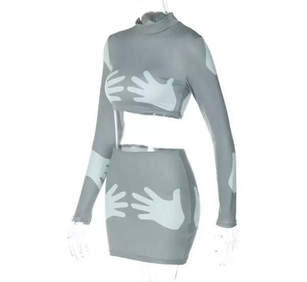 Women Sexy Hand Print Full Sleeve Two Piece Skirt Set